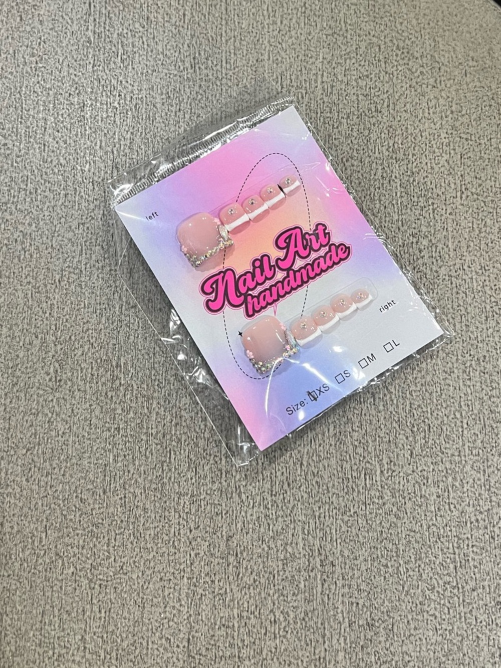 Handmade Pink Rhinestone French Tip Press-On Toenails - XS